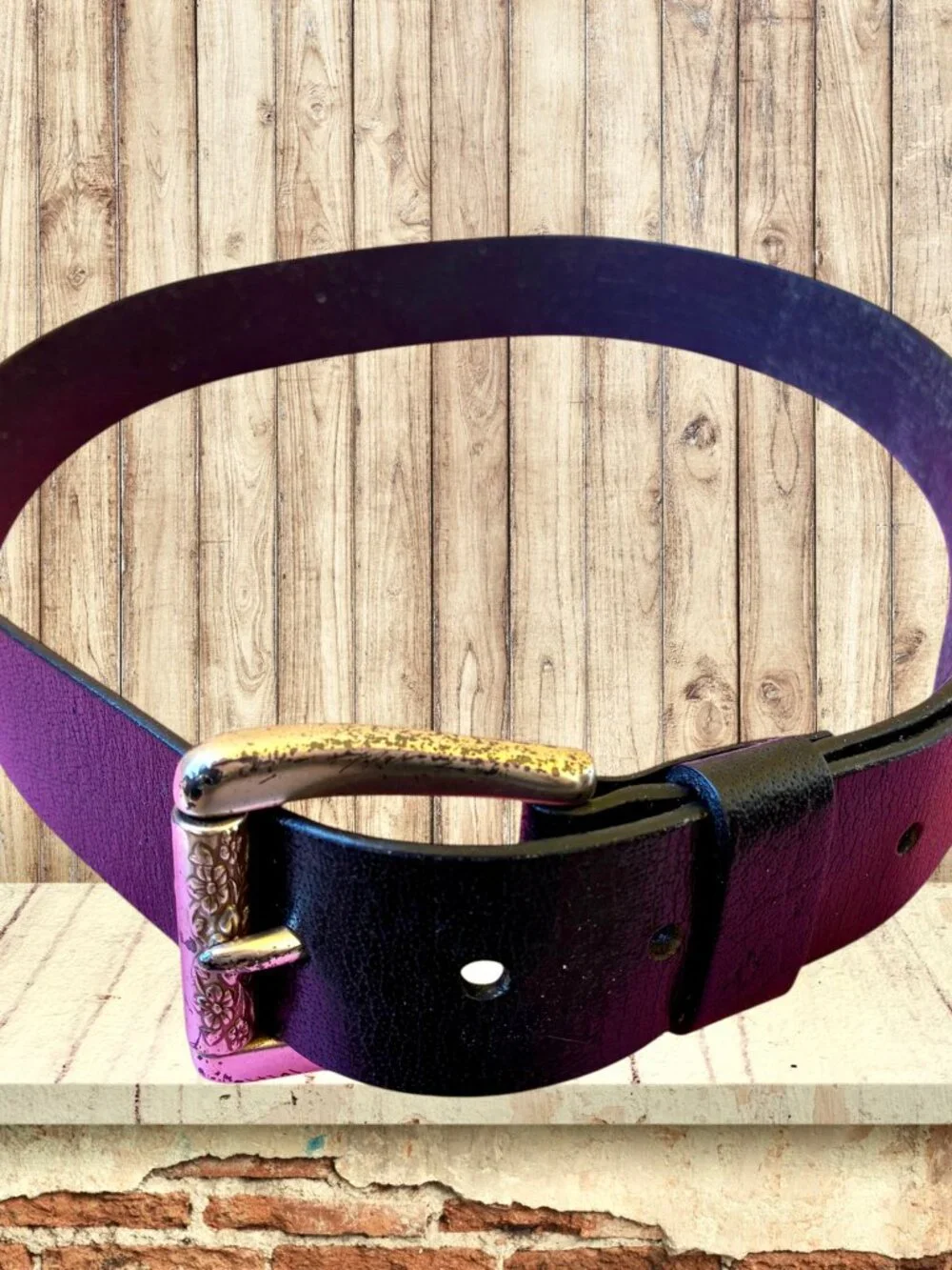 Fossil Leather Black Belt Silver-tone Floral Buckle Mens Medium * used as is
